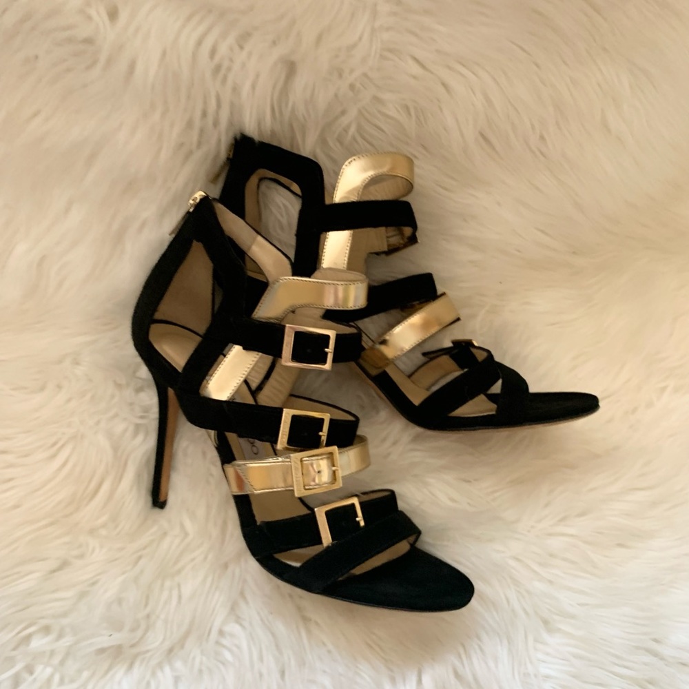 JIMMY CHOO Logo Bronx Strappy Suede Leather Heels - Picture 8 of 15